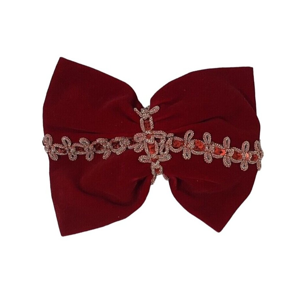 Elegant Red Velvet Bow Hair Clip With Rhinestone & Sequin Embellishments